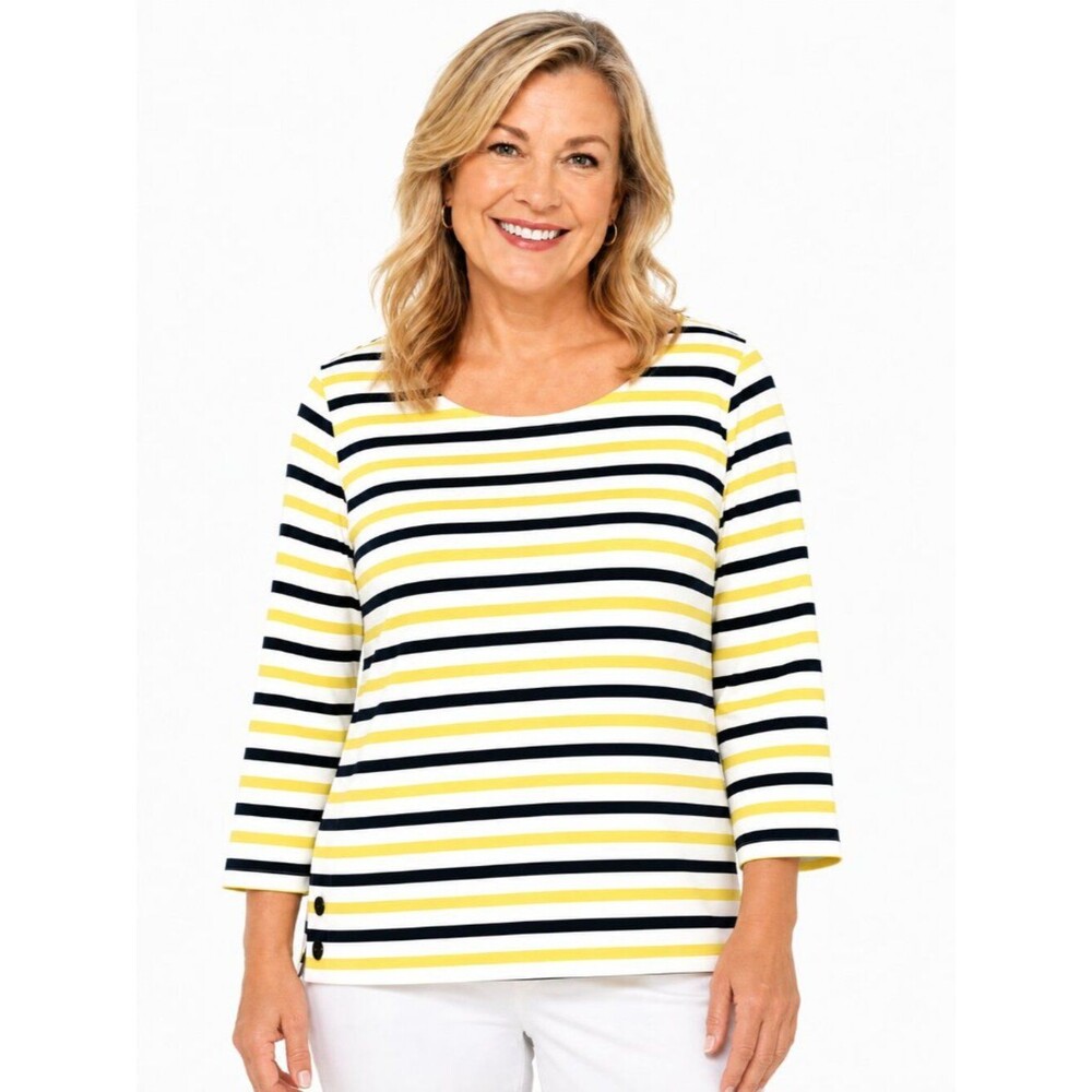 Talbots Plus Woman 2X Yellow, White & Navy Striped Cotton Top LIKE NEW